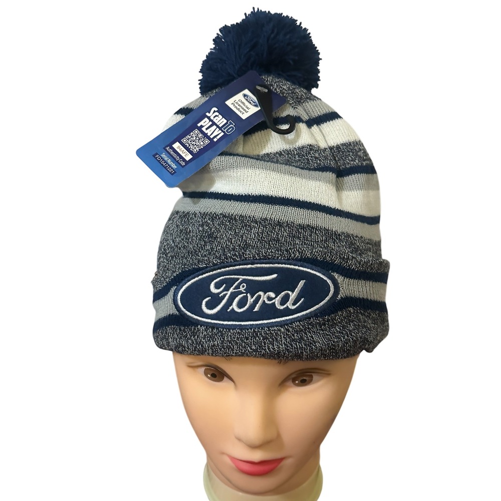 NWT Ford Motor Company Navy Grey Striped Knit Pom Beanie Hat  Official Licensed